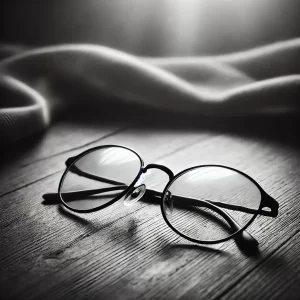 A black and white image of glasses sitting on a table